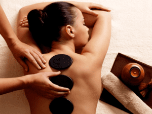 A woman enjoying a hot stone massage in Las Vegas