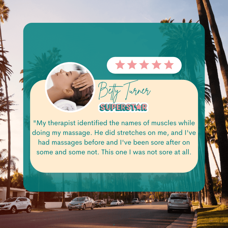 A 5-star review from a woman who book a massage in Beverly Hills with us