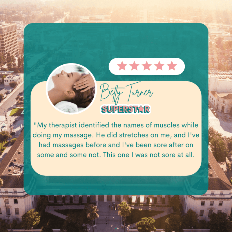 A 5-star review from a woman who booked a massage with us in Pasadena