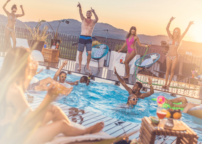 This picture of a Pool party represents something cool and crazy for couples to do in Las Vegas