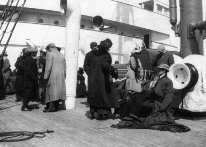 A picture of Titanic survivors abroad a rescue ship